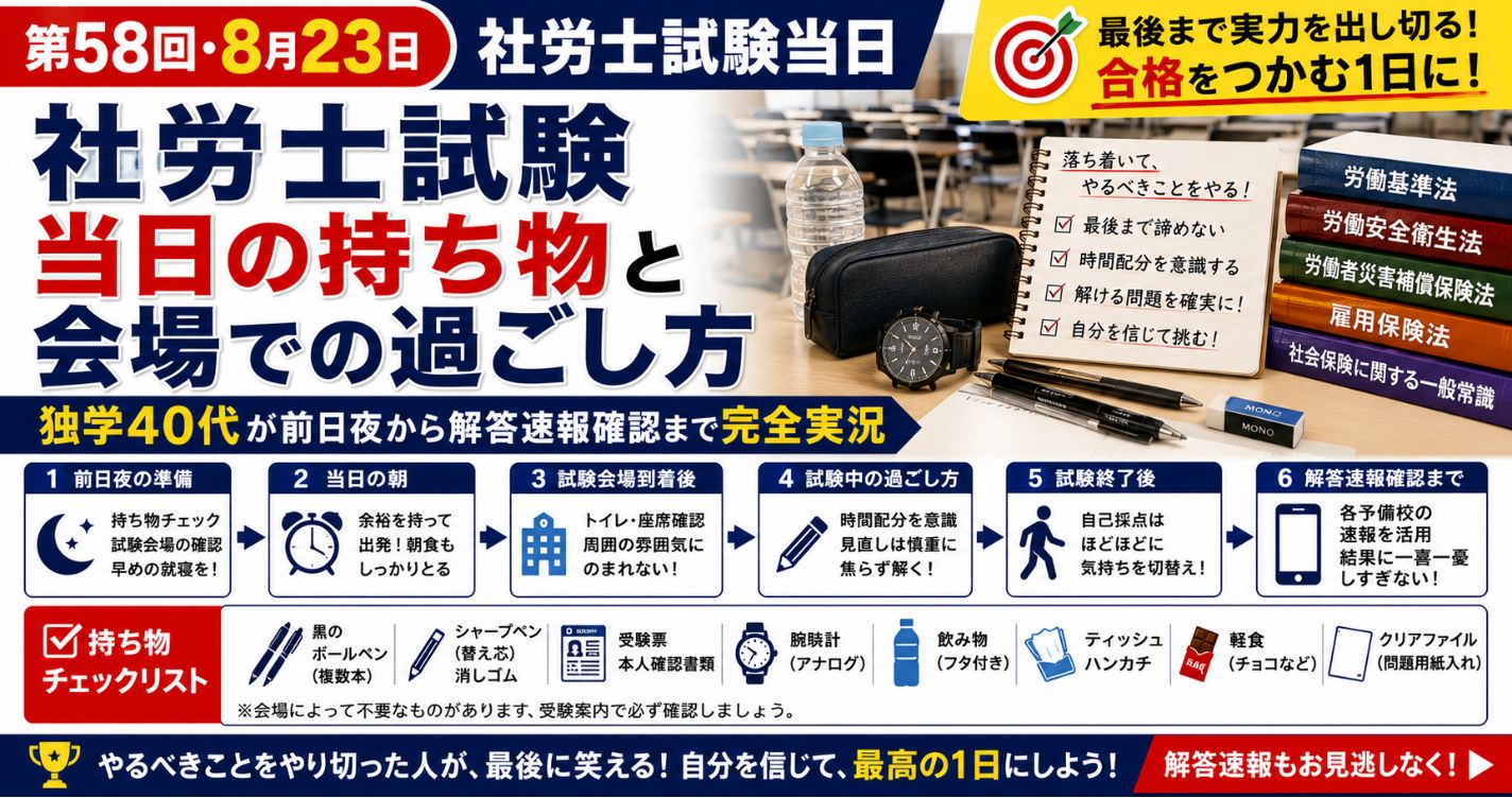 【第58回・8月23日】社労士試験当日の持ち物と会場での過ごし方｜独学40代が前日夜から解答速報確認まで完全実況