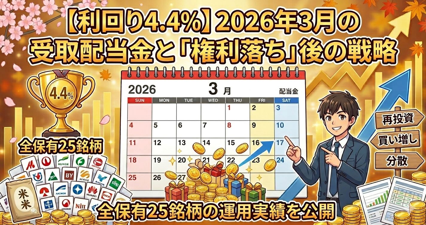 【利回り4.4%】2026年3月の受取配当金と「権利落ち」後の戦略｜全保有25銘柄の運用実績を公開