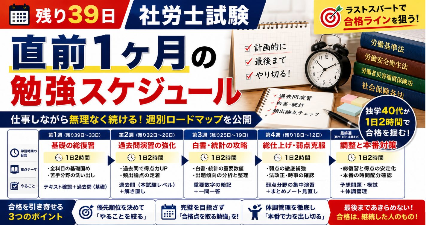 【残り39日】社労士試験「直前1ヶ月の勉強スケジュール」を独学40代が週別に公開|仕事しながら1日2時間で合格ラインを狙う