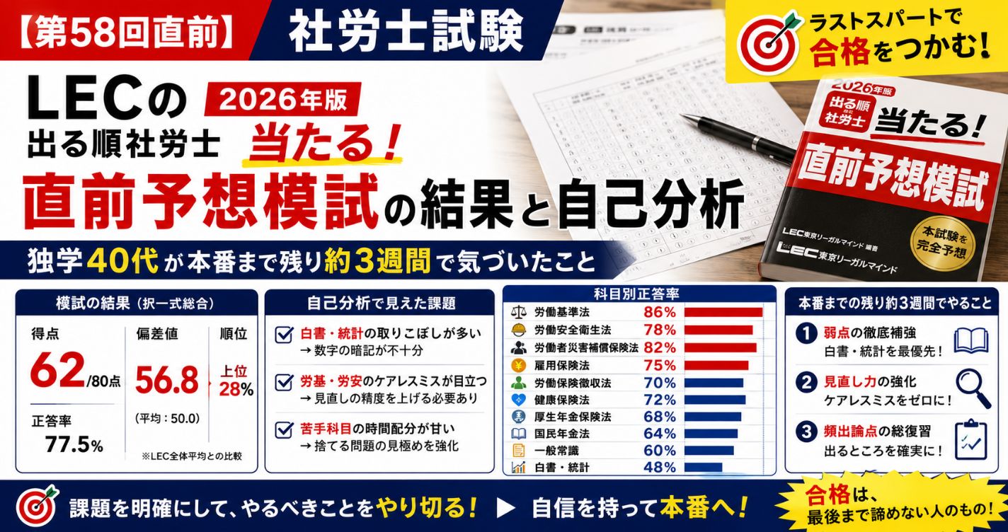 【第58回直前】LECの「2026年版 出る順社労士 当たる！直前予想模試」の結果と自己分析｜独学40代が本番まで残り約3週間で気づいたこと