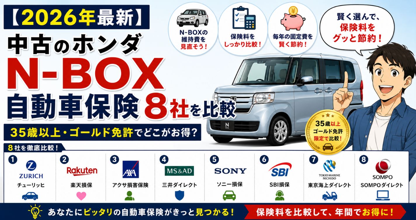 【2026年最新】中古のホンダN-BOX、自動車保険8社を比較｜35歳以上・ゴールド免許でどこがお得？