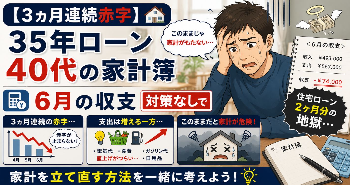 【3ヵ月連続赤字】35年ローン40代の家計簿|6月の収支「対策なし」で住宅ローン2ヶ月分の地獄