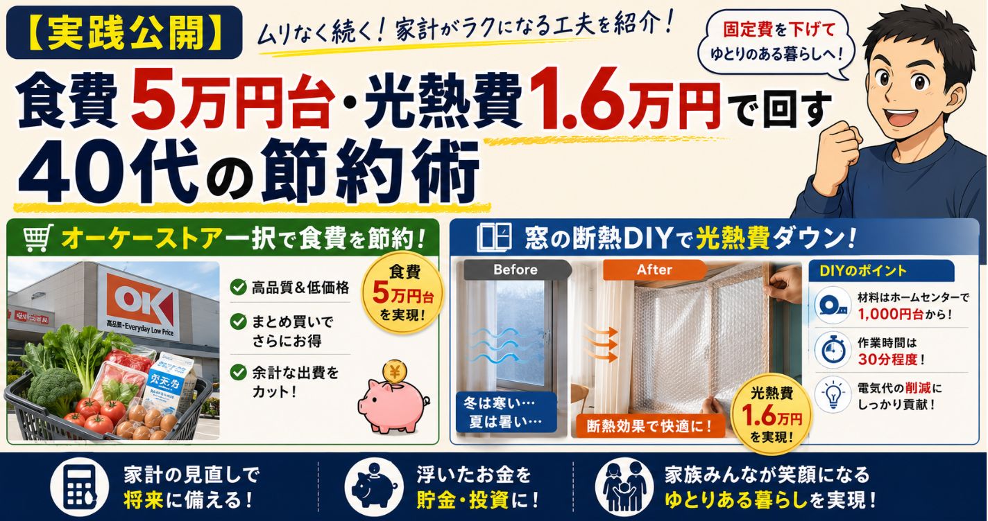 【実践公開】食費5万円台・光熱費1.6万円で回す40代の節約術｜オーケーストア一択と窓の断熱DIY