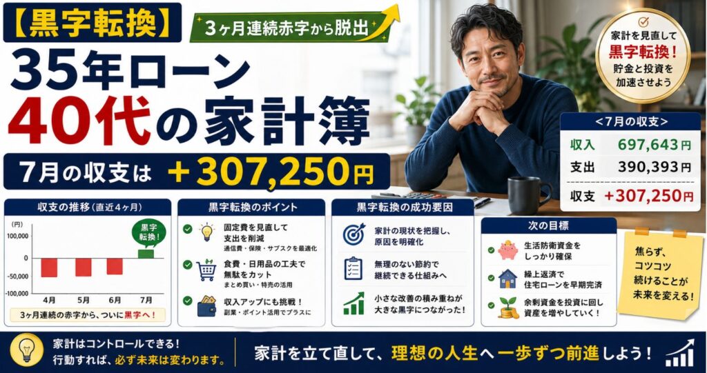 【黒字転換】35年ローン40代の家計簿｜7月の収支は+307,250円、3ヶ月連続赤字から脱出