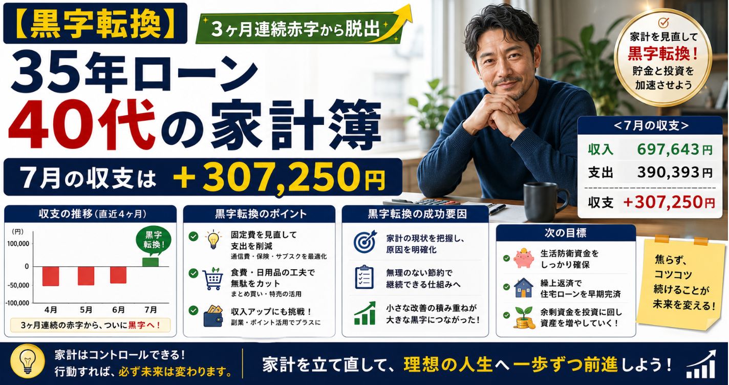 【黒字転換】35年ローン40代の家計簿｜7月の収支は+307,250円、3ヶ月連続赤字から脱出