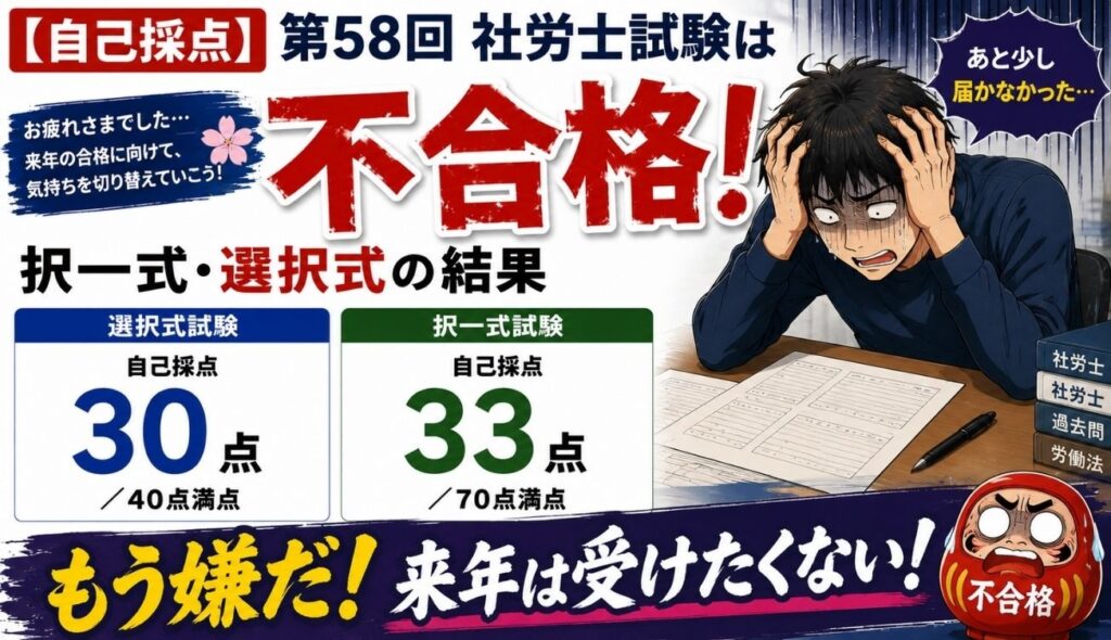 【自己採点】第58回社労士試験は不合格！｜択一式・選択式の結果